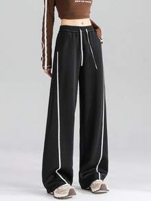 JUTU 女士拼接白色滚边休闲裤，宽松直筒裤型，适合春、秋、冬、夏季穿着 - 1A57黑色 - 查看 3