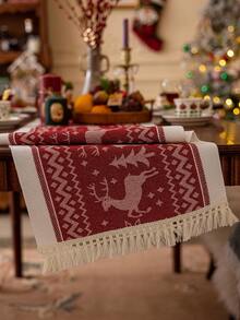 1 pieza Camino de mesa de tela rojo navideño, con flecos de borlas, diseño de estilo nórdico con estampado de ciervos, adecuado para mesa de comedor, sala de estar, decoración del hogar, regalo festivo y decoración de fiesta, disponible en varios tamaños - Rojo - Ver 6