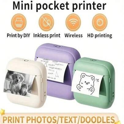 1pc Portable Mini Pocket Printer, Home Small Photo Label Printer, DIY Printing, Inkless Printing, Wireless HD Printing, Clear Content, Compact And Convenient, Instant Capture, Search And Print, Record Wonderful Life Anytime, Perfect Gift For Friends On Birthday, Christmas, New Year