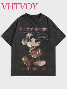 Disney Disney Mickey Mouse Patterned Street Style 100% Pure Cotton Vintage Round Neck Pullover, Comfortable Round Neck T-Shirt, Suitable For Travel And Vacation, Unisex.