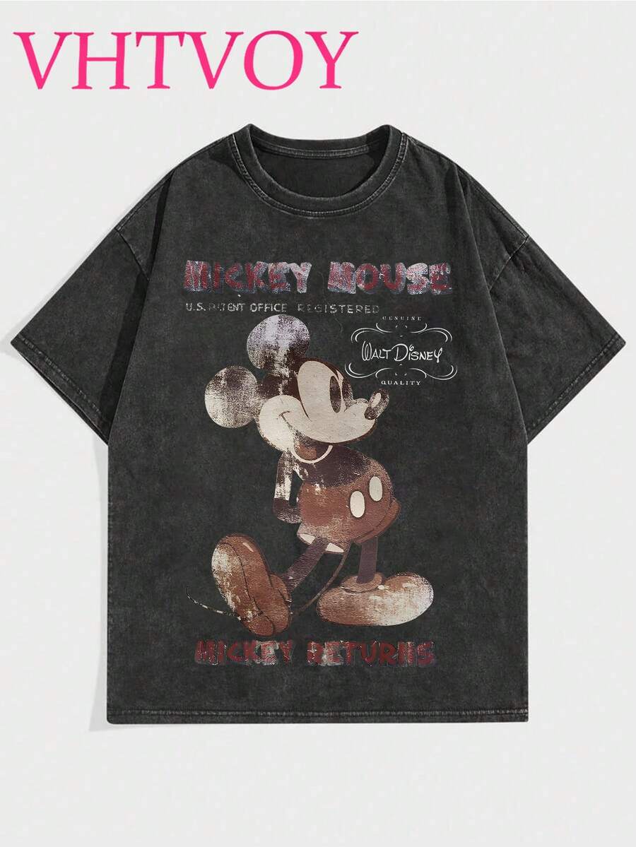 Disney Disney Mickey Mouse Patterned Street Style 100% Pure Cotton Vintage Round Neck Pullover, Comfortable Round Neck T-Shirt, Suitable For Travel And Vacation, Unisex.