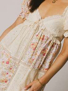 Women Y2k Puff Sleeve Babydoll Dresses Boho Floral Print V Neck Bow Tie Front Mini Dress Summer Flowy Patchwork Babydoll Sundress - 黃色 - 查看 6