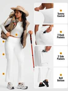 Womens Fleece Lined Pants High Waisted Flare Cargo Leggings For Women 6 Pockets Hiking Outdoor Winter Thermal - 白色 - 查看 5