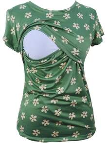 Blusas de Maternidad y Lactancia Mujer Playeras de Manga Corta Ropa Moda Suave Embarazada Camisetas - Flores verdes - Ver 3