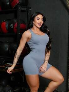 Seamless High Waist Ribbed Sports Gym Yoga Jumpsuit YI-60 - Grey - View 6