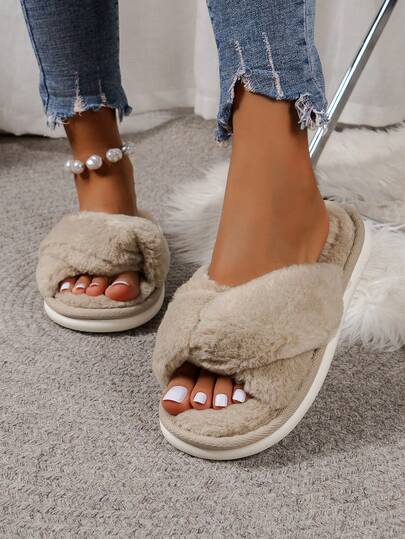 Pantofole da donna casual e confortevoli, con design a incrocio morbido e caldo, adatte per l'uso domestico in autunno/inverno