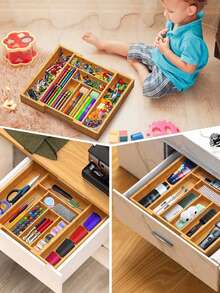 1pc Adjustable Bamboo Drawer Organizer,Retractable Knife And Fork Division Organizer Box,Drawer Type Tableware Storage Box,For Utensils And Silverware - Expandable Cutlery Tray For Kitchen, Bedroom, And Living Room - Multicolor - View 8