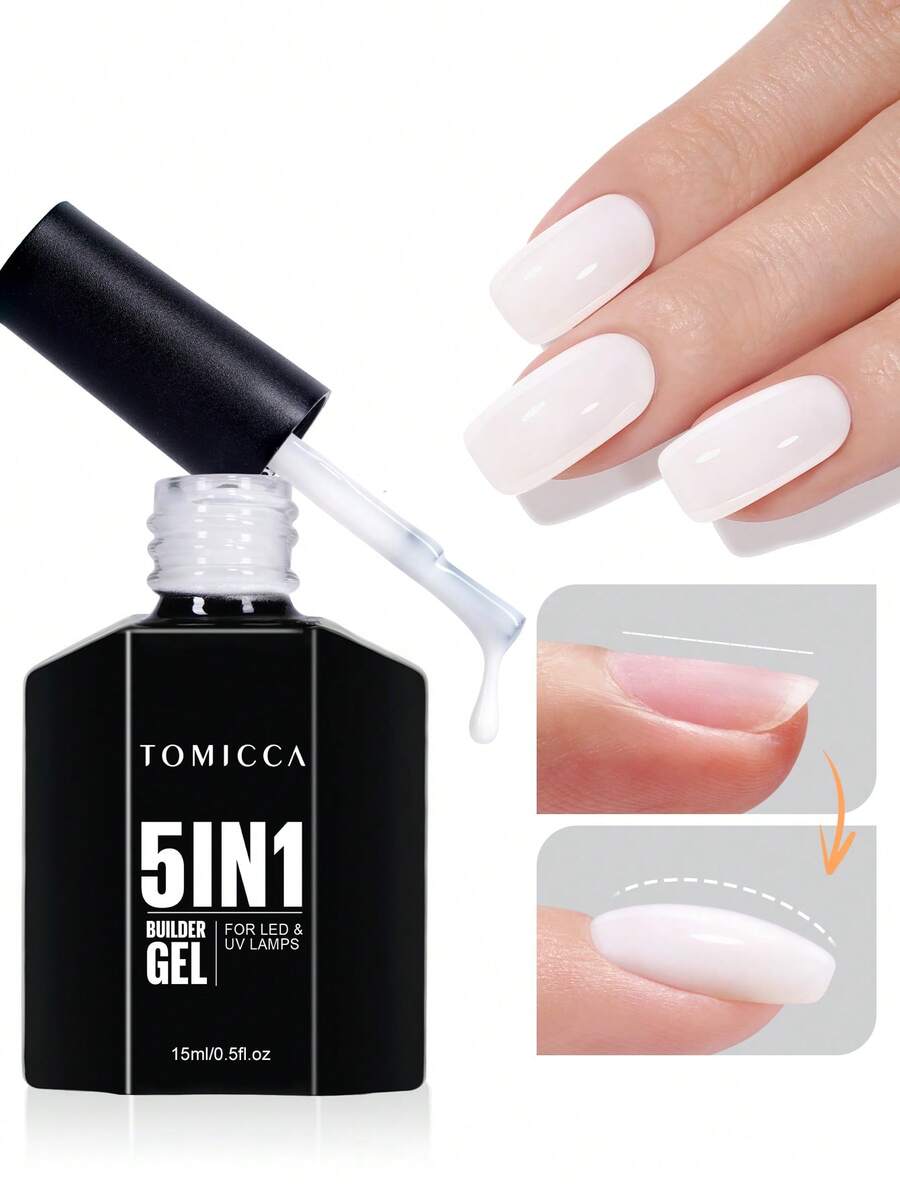 TOMICCA 15ml/1支 瓷白色五合一延长胶，可卸UV/LED凝胶指甲油，适用于指甲延长、加固、美甲装饰和水钻贴片，适合在家DIY美甲贴片或作为礼物赠送 - 白色 - 查看 1