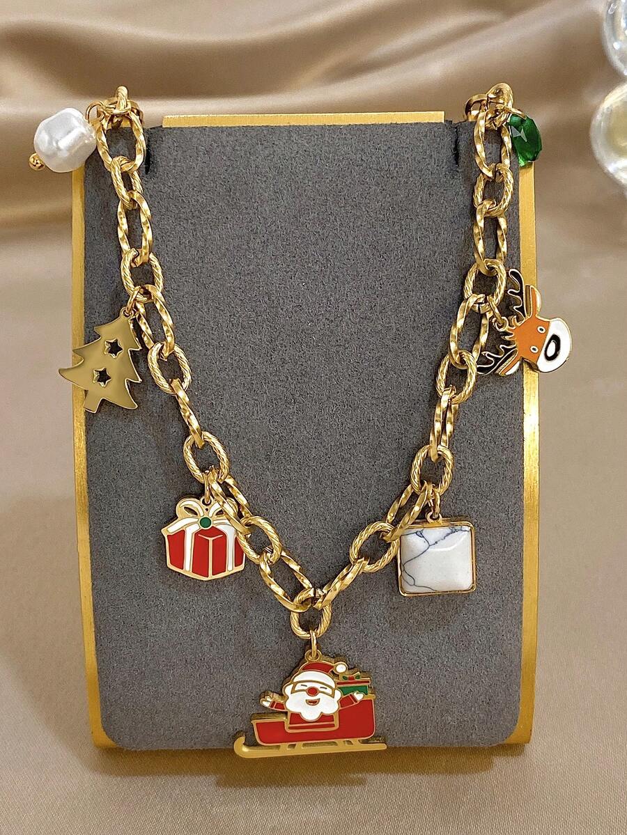1 Pc Santa Claus Charm Necklace For Women Cute Pendant Stainless Steel Chain Necklace Daily Party Jewelry Christmas Gifts