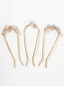 1pc Women Gold Faux Pearl U-Shaped Metal Hair Clamp, Fashionable & Minimalist Bun Maker, Elegant Hair Accessory Tool For Daily Use Bun Hair Piece Hair Styling Pins, Wedding Items, Hair Accessories, Head Accessories, Hair Accessories For Women,Summer,Holiday,Travel - Gold - View 9