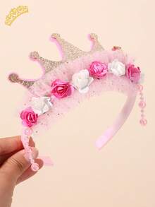 تاج من التول الوردي والأزرق 1 قطعة/2 قطعة، شريط شعر مزين بالزهور، إكسسوارات شعر أنيقة للبنات والمراهقات هدايا لحفلات عيد الميلاد
