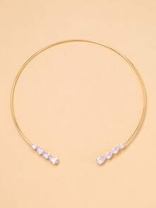 Stonefans Fashion Waterdrop Rhinestone Necklace, Metal Ring Minimalist Open Collar Twist Necklace For Women - Gold - View 7