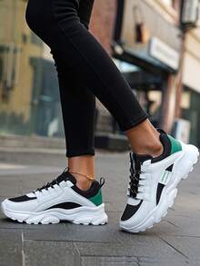​Women's White Black Green Chunky Sole Sneakers - Breathable Mesh Upper With Raw Hem Denim For Street Style Comfort, Year-Round Shoes For Women​ - Nhiều màu - Xem 3