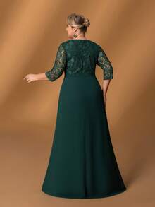 Faeriesty Mosy ​Plus Size Mother Of The Bride Dress: Elegant V-Neck, 7/8 Sleeve & Lace Bodice, Flattering Thigh Slit, Ruched Mermaid Skirt - Perfect For Formal Weddings, Gala Dinners, Black-Tie Events, Grand Celebrations​