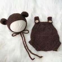 1 Set Newborn Knitted Bear Hat And Romper Outfit, Photography Prop For Baby Boys And Girls, Teddy Bear