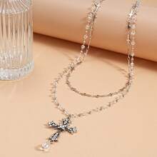 1pc Y2K Style Multi-Layer Crystal Beaded Cross Pendant Necklace, Unique Gothic Grunge Choker Necklace, Suitable For Party, Date, Banquet, Friend Gift, Matching Daily Outfit Accessories