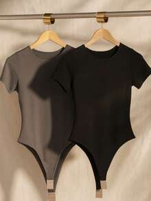 Kit 2 Women's Bodysuit Short Sleeve Elegant Suplex Bodysuit Elegant Casual Look Comfortable Bodysuit Basic And Stylish Fashion Simple Casual Fabric Simple Casual Knitted - 黑色灰色 - 查看 1