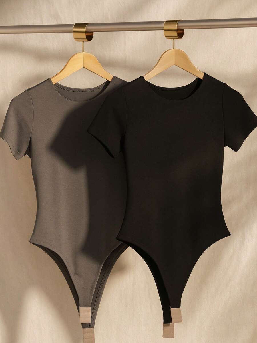 Kit 2 Women's Bodysuit Short Sleeve Elegant Suplex Bodysuit Elegant Casual Look Comfortable Bodysuit Basic And Stylish Fashion Simple Casual Fabric Simple Casual Knitted - 黑色灰色 - 查看 1