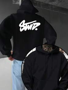 Sudadera con Capucha Oversize para Hombre con Impresión de Letras Blancas en Cursiva - Sudadera de Moda de Color Gris , Bolsillo Canguro y Capucha con Cordón, Suéter Casual Suave y Holgado para Comodidad en Todas las Estaciones (Lavable aáquina) - Sudadera de Moda para Hombre con Impresión de Letras de , Ajuste Relajado y Bolsillo Frontal para Atuendo Casual, para Capas, Adecuado para Todas las Estaciones, Elegante y Cómodo para Hombres, Sudaderas Geniales para Hombre, Sudaderas de Talla para Hombre, Sudaderas Divertidas para Hombre - Negro - Ver 1