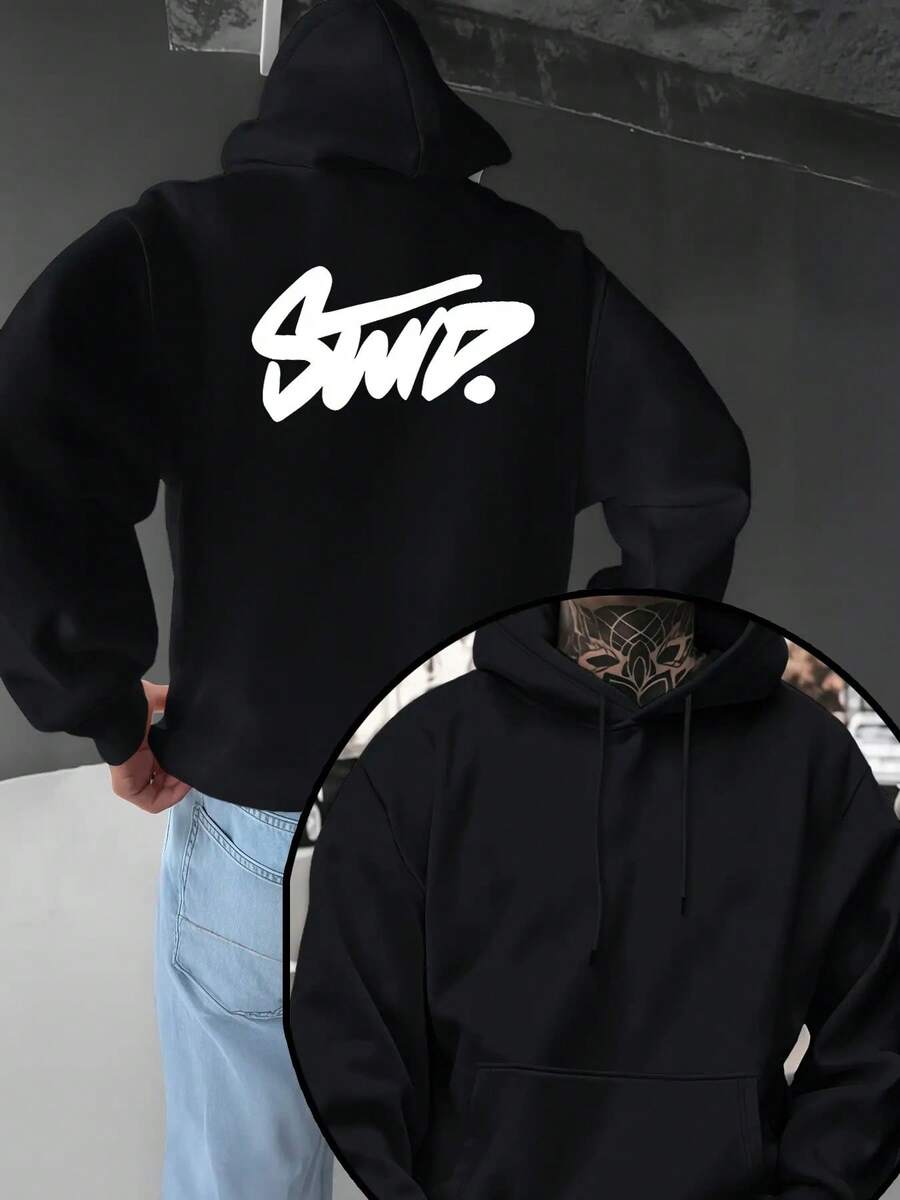 Sudadera con Capucha Oversize para Hombre con Impresión de Letras Blancas en Cursiva - Sudadera de Moda de Color Gris , Bolsillo Canguro y Capucha con Cordón, Suéter Casual Suave y Holgado para Comodidad en Todas las Estaciones (Lavable aáquina) - Sudadera de Moda para Hombre con Impresión de Letras de , Ajuste Relajado y Bolsillo Frontal para Atuendo Casual, para Capas, Adecuado para Todas las Estaciones, Elegante y Cómodo para Hombres, Sudaderas Geniales para Hombre, Sudaderas de Talla para Hombre, Sudaderas Divertidas para Hombre - Negro - Ver 1