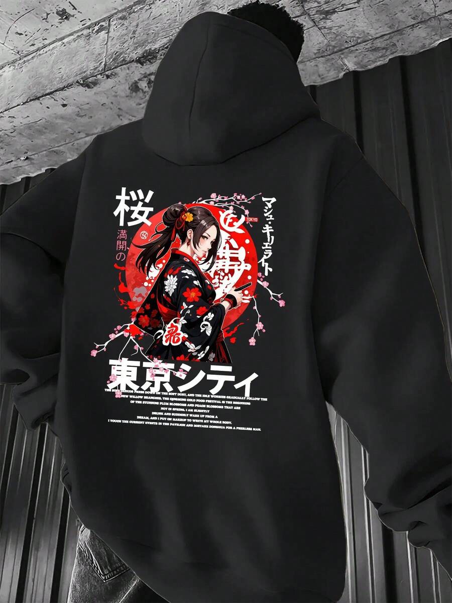 Sudadera con capucha casual para hombres con estampado gráfico de anime japonés - Sudadera de calle azul vibrante, bolsillo canguro y capucha con cordón, lavable aáquina, ajuste cómodo para todas las estaciones - Negro - Ver 1