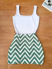 Women's Suplex Bodysuit + Printed Skirt Suitable For Spring And Summer 2025 - 白色和綠色 - 查看 3