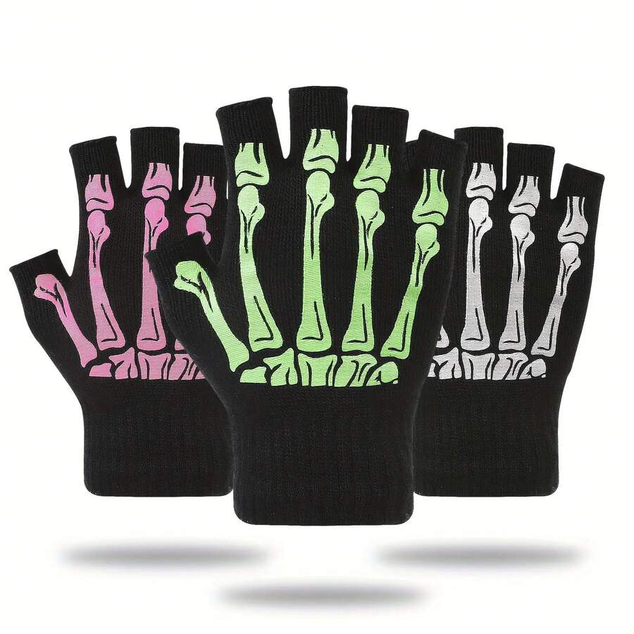 Guantes de media mano con patrón de calavera y esqueleto de calidad para hombres, guantes para parejas - Rosa Fucsia - Ver 1