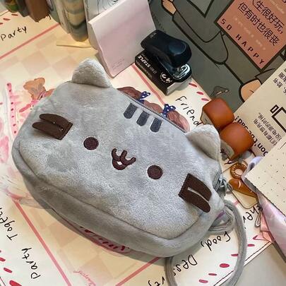 Estuche para lápices de peluche con diseño de gato gris gordo, estilo ins, de gran valor para estudiantes, bolsa de almacenamiento de gran capacidad con dibujos animados