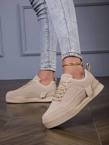 春季新款时尚简约经典圆头休闲运动鞋，全卡其色系带厚底休闲运动鞋，学生鞋，滑板鞋，校园情侣鞋，适合校园和运动场合，舒适透气。 - 卡其色 - 查看 5