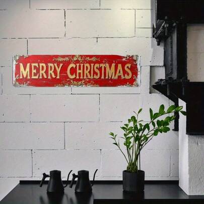 2D 平面，1 件大型复古圣诞快乐金属标牌 - 质朴的红色和金色重型室内/室外墙壁装饰，带有预钻孔、经典优雅的草书字体和做旧的白色背景 - 适用于家庭、办公室的金属节日装饰