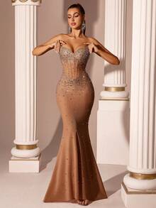Elisanya 露肩 V 领长款舞会礼服 水钻鱼骨褶饰高腰露背系带舞会礼服 鸡尾酒会礼服 活动宴会晚礼服 - 卡其色 - 查看 6