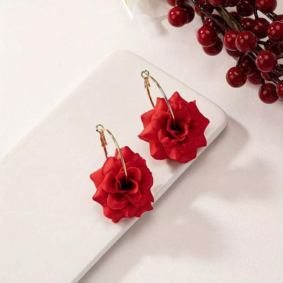 Exaggerated Bright Red Rose Elegant Delicate Earrings, Suitable For Vacation And Daily Wear