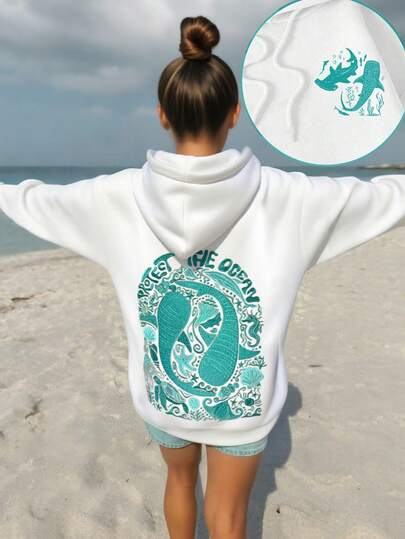 Protect Ocean Whale Print Beach Hoodie, Cute Women Hoodie, Fall Clothes For Women, Back To School Pullover Sweatshirt