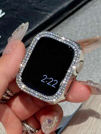 2-Layer Shiny Crystal Rhinestone Protective Case, 1pc Hollow-Out Hard PC Watch Frame Compatible With Apple Watch 38/40/41/42/44/45/46/49mm, Suitable For Apple Watch Series Ultra/SE/11/10/9/8/7/6/5/4/3/2/1, Smart Watch Accessory, Silver