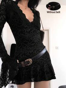 2件套女士春夏新款蕾丝拼布喇叭袖连衣裙 - 黑色 - 查看 4