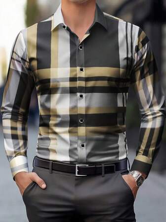 Camisa de manga larga de un solo abotonadura con cuello, de diseño de moda clásico en gris-marrón, con detalles de patrón a rayas de cuadrícula, adecuada para primavera, verano, otoño, estilo maduro apropiado para oficina, negocios, casual y ocasiones formales, el diseño impreso aleatorio hace que cada camisa sea única