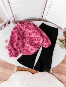 2pcs Girls Casual Outfit, Pink Heart Pattern Fluffy Half-Zip Sweater Top Paired With Black Bell-Bottom Pants, Suitable For Daily Wear