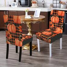 1/4/5/6/7/36pcs Thanksgiving Plaid, Line, Pumpkin & Maple Leaf Print Chair Cover/Seat Covers Set, Suitable For Indoor Home, Restaurant, Hotel, Ideal For Modern Daily Decor. Tablecloth Fits Square Dining Table, Elastic Chair Covers Are Washable. - Multicolor - View 5