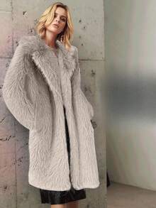 Women's Solid Color Long Toca Faux Fur Suit Collar Coat Long Sleeve Long Fluffy Collar Cardigan Jacket For Winter - 卡其色 - 查看 2