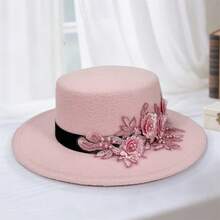 Womens Fedora Hat Stylish Elegant Decorative Flower Panama Hat Wide Flat Brim Jazz Cap - 粉色 - 查看 5