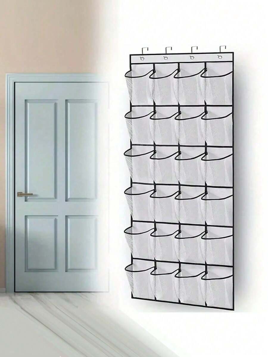 24-Compartment Wall-Mounted Fabric Shoe Organizer - Lightweight Wardrobe Hanging Storage Bag With Mesh Pockets, Transparent Door Hanging Fabric Box, Home Organization Supplies