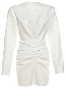 Đầm dài tay màu trơn thanh lịch cổ chữ V sâu, tay dài, eo nhún bèo, màu trắng, thích hợp cho tiệc mùa xuân. - trắng - Xem 9