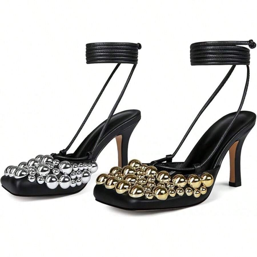 Saint Leia Women's 4IN High Heel Sandals Nude Stiletto Pumps With Gold Silver Pearls Heels For Weddings Parties And Evening WearChristmas - 黑金銀 - 查看 1