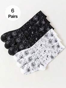 1双/6双黑白星星、太阳、月亮复古时尚防臭透气吸湿排汗女士中筒袜 - 彩色 - 查看 6