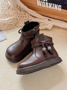 女童靴，新款秋冬时尚蝴蝶结优雅百搭软皮轻便儿童踝靴，幼儿/小童/大童软底防滑皮靴 - 棕色 - 查看 6