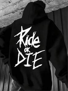 Sudadera Casual de Calle para Hombre con Estampado de Graffiti RIDE DIE - Letras Geométricas Rosadas, Sudadera de Manga Larga para Otoño/Invierno, Lavable aáquina, Ajuste Regular - Negro - Ver 1