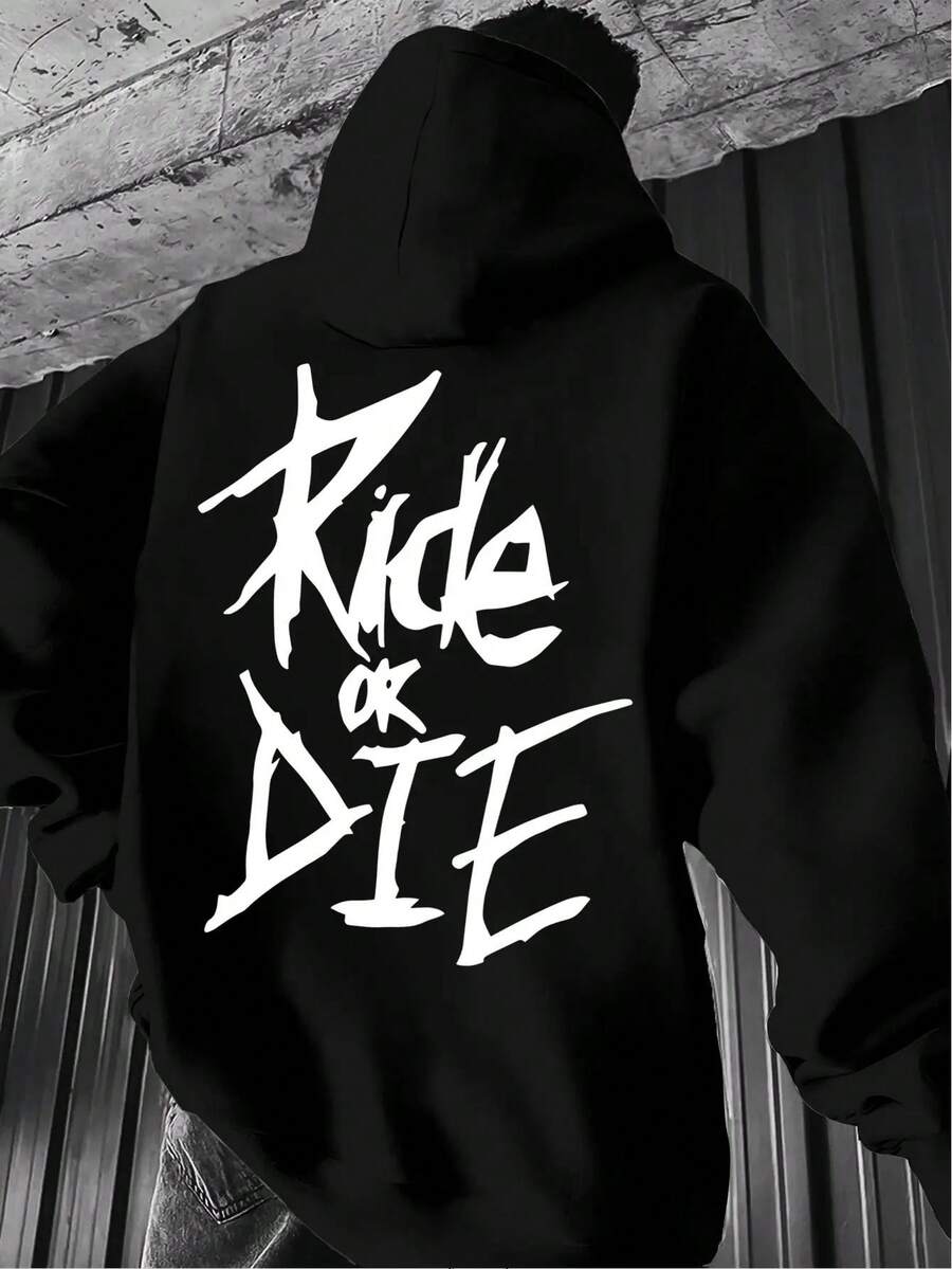 Sudadera Casual de Calle para Hombre con Estampado de Graffiti RIDE DIE - Letras Geométricas Rosadas, Sudadera de Manga Larga para Otoño/Invierno, Lavable aáquina, Ajuste Regular - Negro - Ver 1