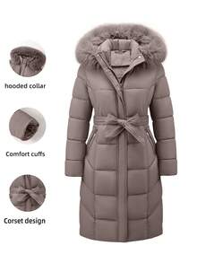 Risissida 女式休闲连帽夹克，带口袋，轻质人造毛皮衬里绗缝风衣，秋季日常穿着冬季外套 - 深杏色 - 查看 1