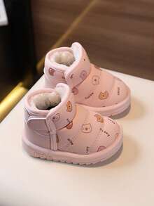 1 Pair Kids Cartoon Pattern Synthetic Leather Warm Hook And Loop Low-Top Flat Cute Children Winter Shoes, Suitable For Autumn/Winter Daily Wear, Playing And Outings