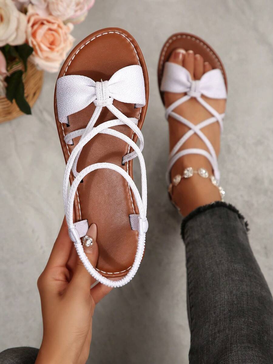 New Plus Size Women Comfortable Simple Round Toe Hollow Criss-Cross Elastic Flat Slippers Sandals, Casual Fashion Outdoor Vacation Beach Summer Shoes
